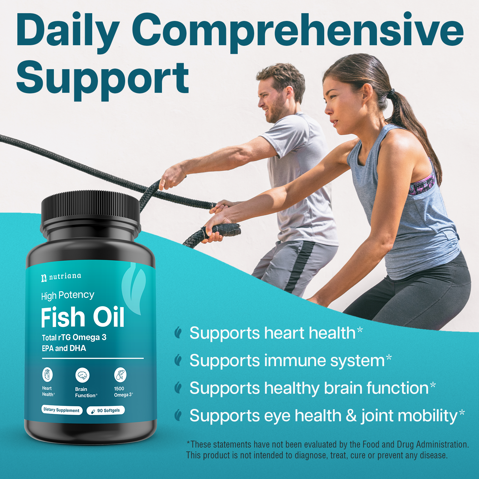 Nutriana Omega 3 Fish Oil 1500mg - High Potency Total rTG DHA & EPA Omega 3 Supplement - Triple Strength Fish Oil Supplements for Brain Health Liver Health & Immune Support - 90 Fish Oil Capsules