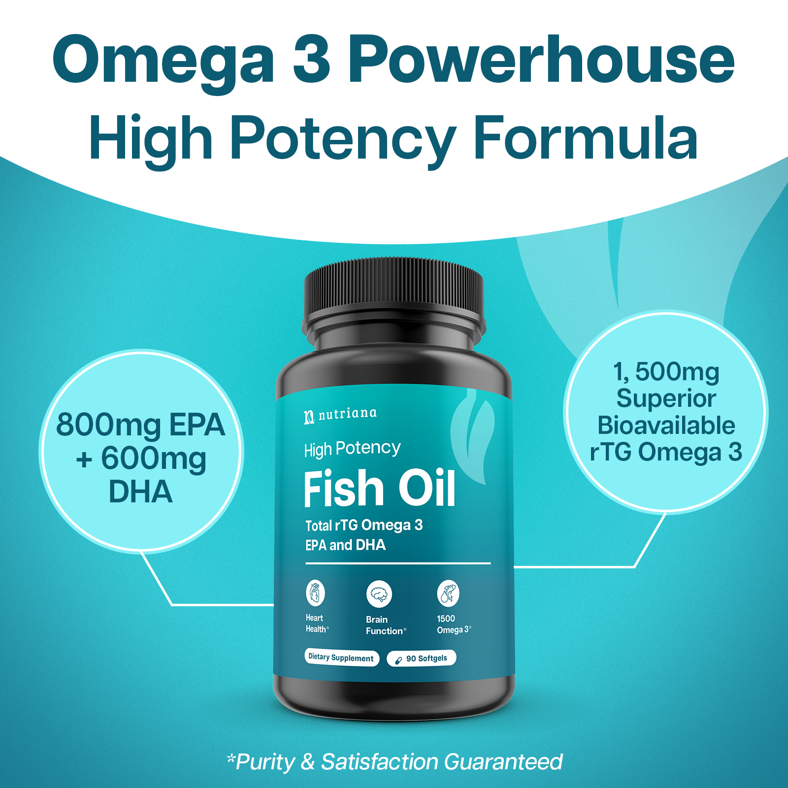 Nutriana Omega 3 Fish Oil 1500mg - High Potency Total rTG DHA & EPA Omega 3 Supplement - Triple Strength Fish Oil Supplements for Brain Health Liver Health & Immune Support - 90 Fish Oil Capsules